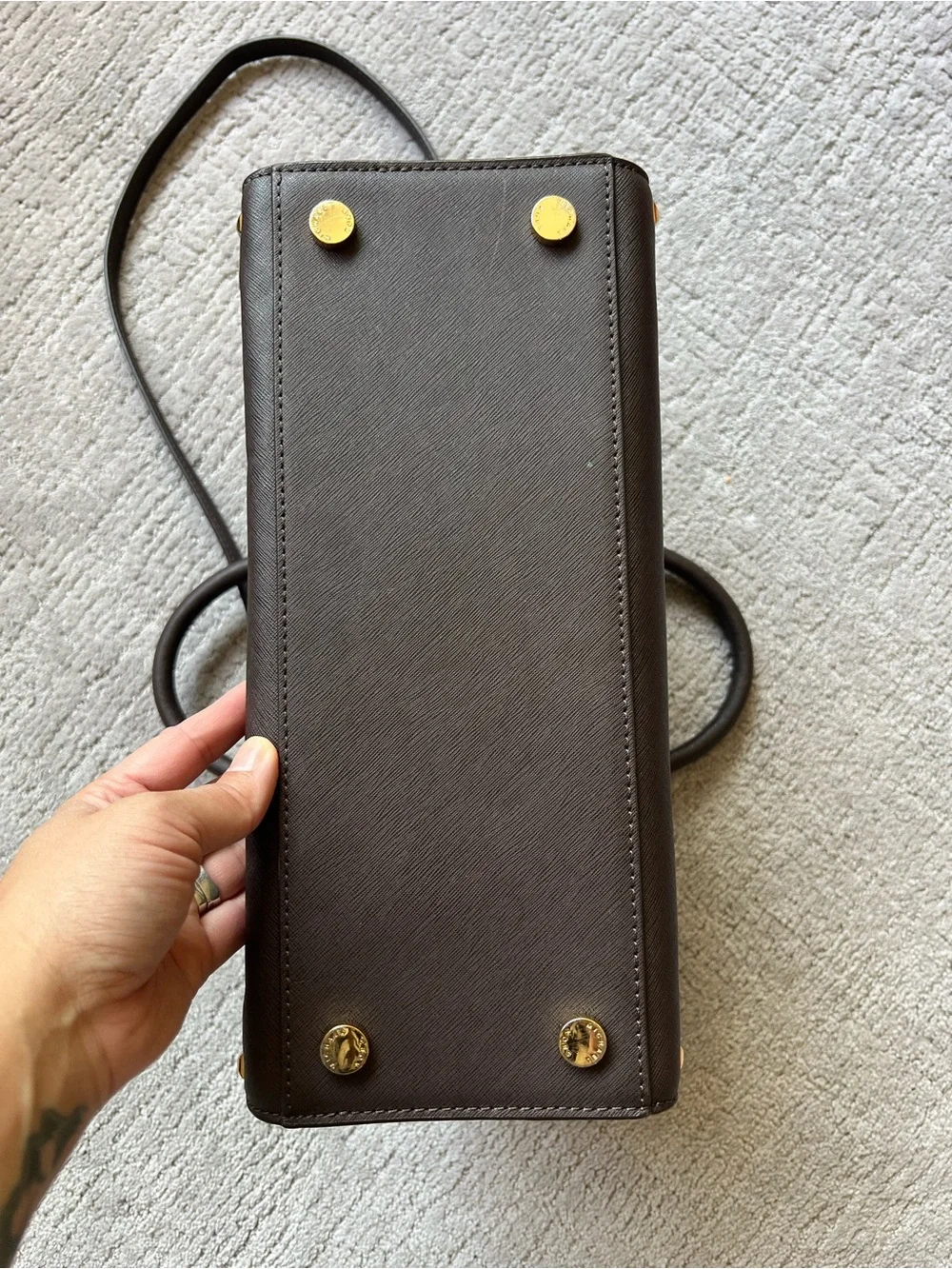 Michael Kors Dark Brown Saffiano Studded Tote with Gold Hardware